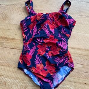 Lands' End Blue and Pink One Piece Swimsuit Tropical Print